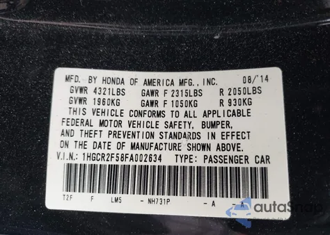 2015 Honda Accord Sport from USA, damaged, VIN 1HGCR2F58FA002634